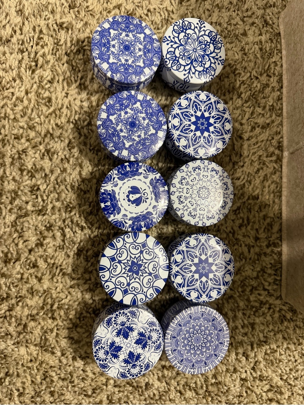 Set of 10 candles in Decorative Blue and White Round Tins